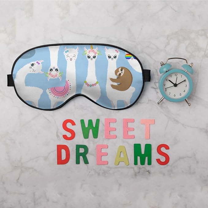 White Llamas Sleep Mask Eye Mask Alpaca Sloth Rainbow Glasses Llamas Cute Flowers Blue Sleep Mask Light Blocking Adjustable Smooth Soft Eye Masks for Women Deep Rest Travel