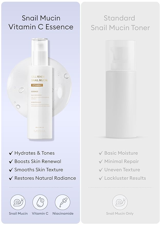 MISSHA Cell Renew Snail Mucin Vitamin C Essence Serum 3.38 Fl oz - Hydrating Korean Skincare for Glass Skin, Snail Mucin Serum for Improved Skin Texture & Complexion
