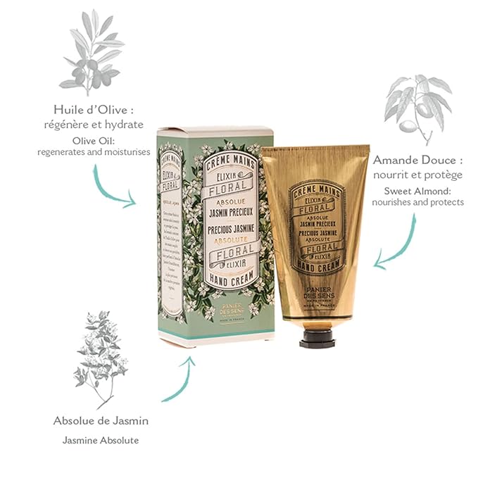 Panier des Sens - Hand Cream for Dry Cracked Hands - Jasmine Hand Lotion with Olive & Almond Oil - Vitamin E Skin Moisturizer with 97% Natural Ingredients - Made in France, 2.5 fl oz