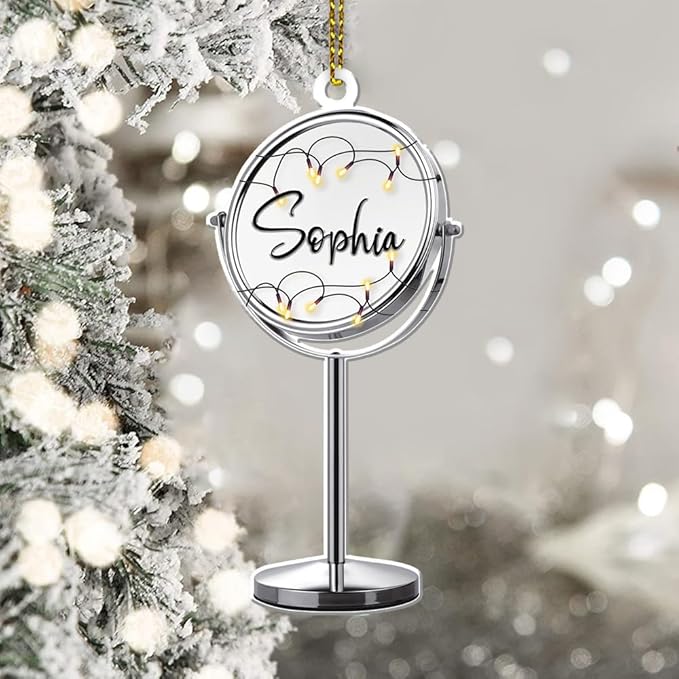Personalized Name Makeup Mirror Shape Acrylic Flat Ornament, Makeup Ornament, Girl Makeup Artist Christmas Ornament, Makeup Stylist Ornament 106