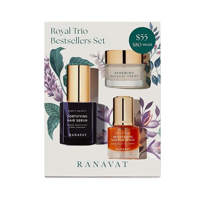 RANAVAT Royal Trio Travel Size Gift Set - Brightening Saffron Face Serum, Renewing Bakuchi Face Cream & Fortifying Hair Serum (3 Count)