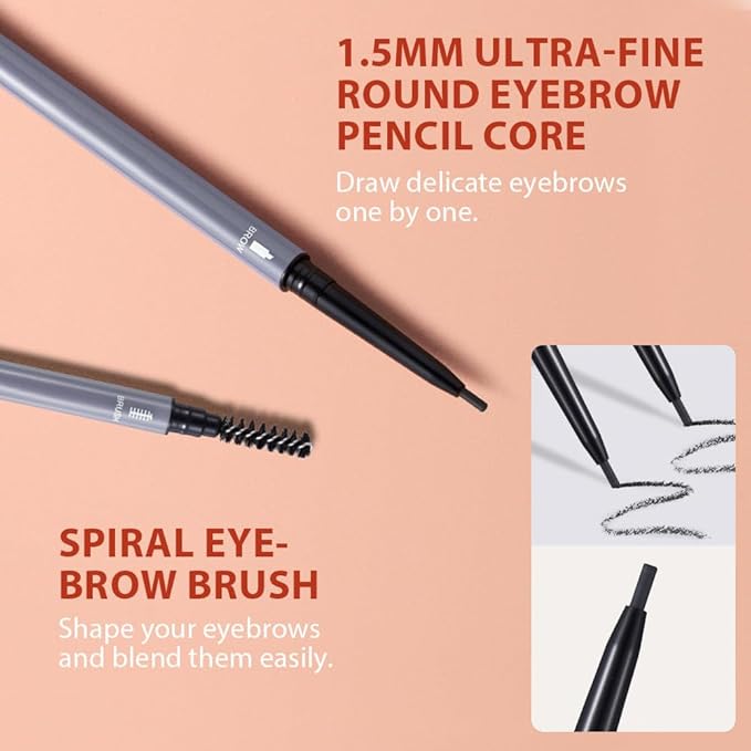 Black Eyebrow Pencils for Women,with Spoolie Brush,Eyebrow Pencil Soft Textured,Waterproof Sweat-proof for Fills in Sparse Areas and Gaps Create a Natural Eye Brow,Vegan & Cruelty-Free