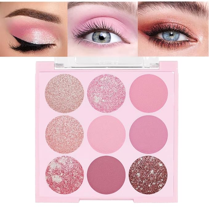 Pink Shimmer Eye Shadow Makeup Palette 9 Colors, Highly Pigmented Matte Glitter Shimmer Pearl Waterproof Party Sparkling Eyeshadow Palette for girl (9 Colors pinks)