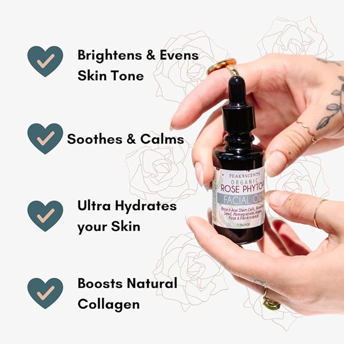 Peak Scents Organic Rose Phyto Facial Oil - Rosehip and Argan Oil Infused with Rose Extract and Frankincense Essential Oil - Ideal for Gua Sha Massage, Anti-Aging Face Oil (1oz)
