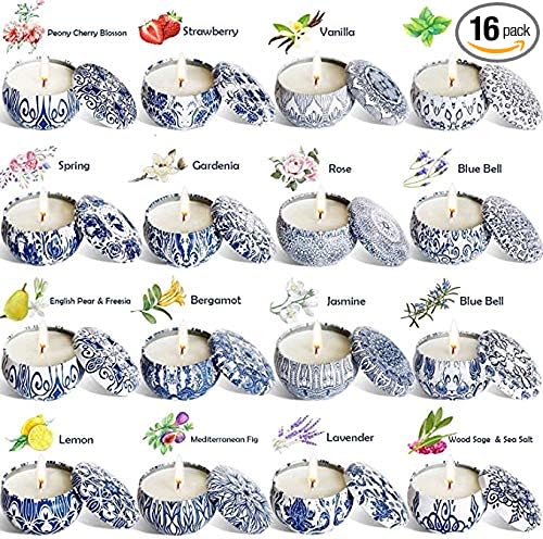 JHENG Set of 16 Small Scented Candles Soy Wax Aromatherapy Candles 2.5 OZ Portable Tin Candles with Lid, Relaxation Gifts Basket for Mother, Women, Friends and Coworkers