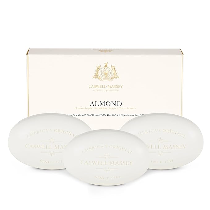 Caswell-Massey Natural Bar Soap Gift Set - Almond Scent - Triple-Milled Moisturizing Body Soap Bars for Men & Women, Plant-Based Formula for Soft Skin, Made in USA, 3 x 5.8 oz