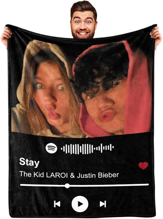 Ships Next Day-Printed in USA, Spotify Code Music Blanket with Photo for Boyfriend and Girlfriend Gifts, Picture Blankets Wife Birthday Photo Gifts