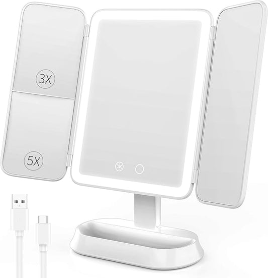 Vanity Mirror with Lights, Rechargeable Lighted Makeup Mirror with 1X/3X/5X Magnification, Smart Touch 3 Colors Dimmable, Portable Trifold Light Up Mirror for Travel, Gifts for Women Girls