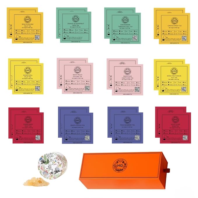 Herb Garden Tea Gift Set – 12 Flavor Fruit & Herbal Tea Sampler | 24 Premium Tea Bags + Crystal Rock Sugar | Caffeine-Free Wellness Blends for Immune Support & Cold Relief | Holiday Gift for Women, Friends, Parents