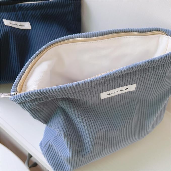 Wudygirl Makeup Bag,Portable Cosmetic Travel Bag for Women and Girls,Large Capacity Corduroy Travel Toiletry Bag(Light Blue)