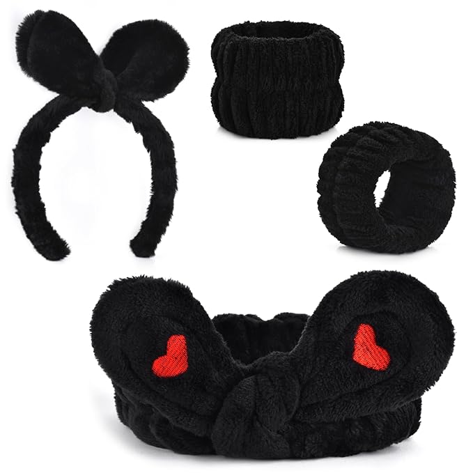 4Pack Headband and Wristband Set for Washing Face, Spa Skincare Makeup Headband, Soft Puffy Hair Band Bow Tie, for Women and Teen Girl Trendy Stuff Gifts