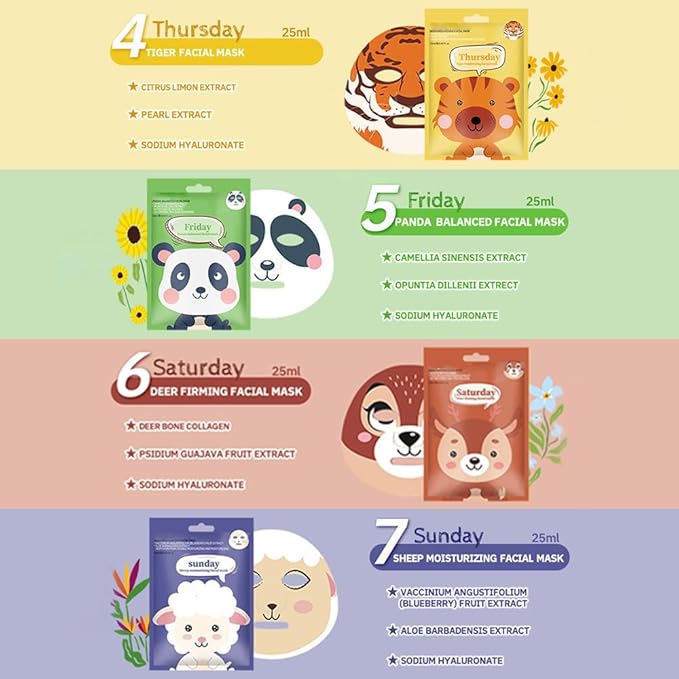 Kaely 6 Pack Animal Character Sheet Masks, Face Masks for Kids Teens Skin Care, Korean Soothe Facial Mask for All Skin Types, Girls Night Skincare Spa Party, Birthday Gifts for Women Men, Set07