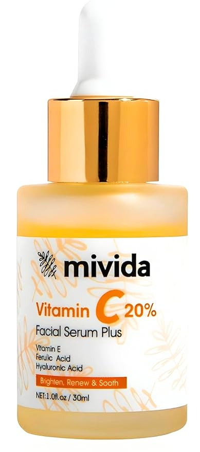 mivida 20% Vitamin C Serum for Face, Anti-Aging & Brightening Serum | W/Hyaluronic & Ferulic Acid, Vit E | Reduces Wrinkles, Fine Lines, Dark Spots & Hyperpigmentation, Maximum Strength Formula, 1floz
