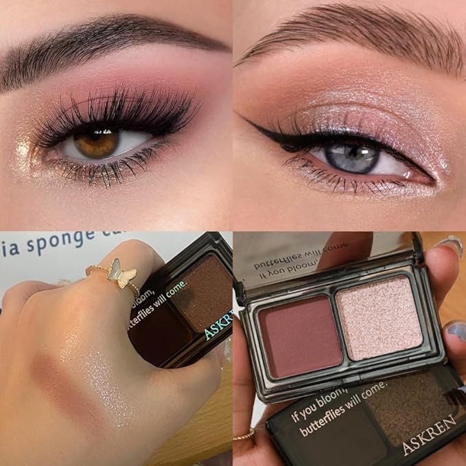 Champagne Pink Shimmer Eyeshadow Matte Rose Double Colors Palette, High Pigment Eye Shadow Powder, Blendable Smooth and Texture Waterproof Smudge-proof Durable Long-lasting Makeup Palette 01#