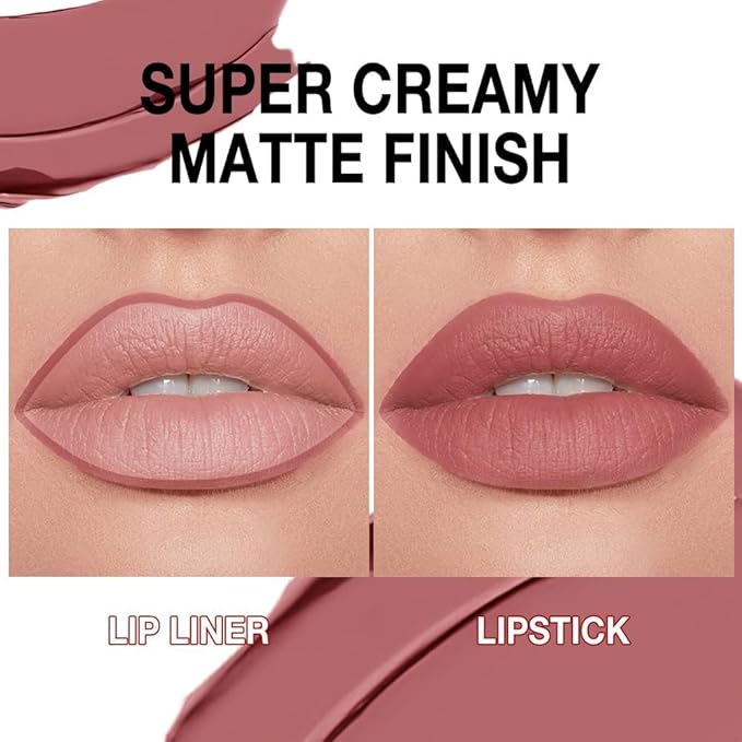 evpct Antique Rose Gradient Matte Lipstick Lip Liner Crayon Combo Pencil Set for Women Long Lasting Waterproof, Light Dusty Rose Matte Cream Lip Liner and Lipstick Combo, Flawless Gradual Ombre Effect