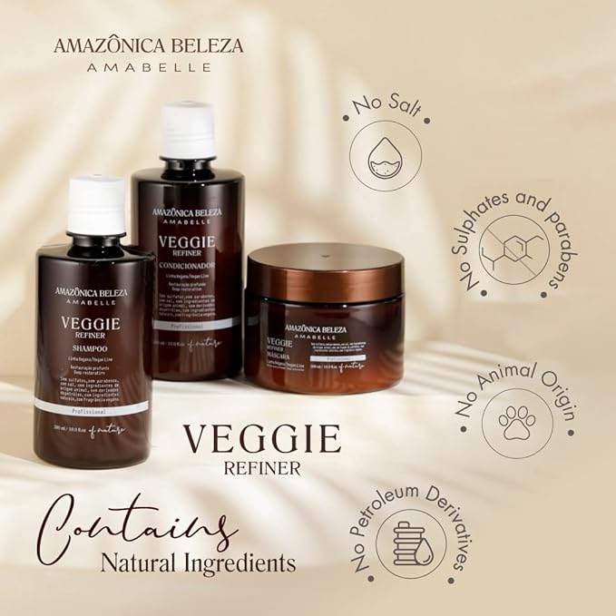 AMAZONICA BELEZA Vegan Veggie Refiner Kit, Nourishes, Moisturizes and Repairs, Sulfate, Parabens and Cruelty Free, Shampoo, Conditioner and Mask with Natural Ingredients for all Hair Types, 10 Oz