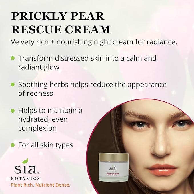 Sia Botanics Rescue Face Cream (65g/2.3oz Glass Jar) | Facial Moisturizer w/Prickly Pear Cactus, Aloe Vera, Green Tea Extract | Natural, Clean, Botanical Skincare for Women