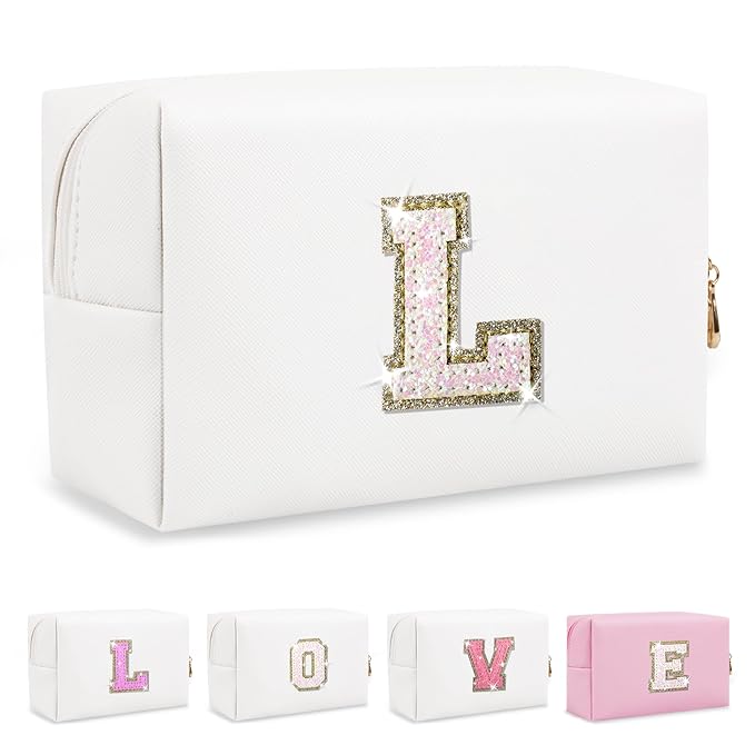 Small Initial Patch Makeup Bag Personalized Gifts Make Up Bag,White Cute PU Leather Glitter Letter Cosmetic Bag with Zipper,Trendy Portable Travel Toiletry Pouch,Preppy Stuff for Teen Girls Women L