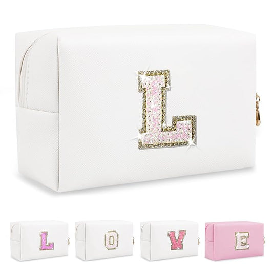 Small Initial Patch Makeup Bag Personalized Gifts Make Up Bag,White Cute PU Leather Glitter Letter Cosmetic Bag with Zipper,Trendy Portable Travel Toiletry Pouch,Preppy Stuff for Teen Girls Women L
