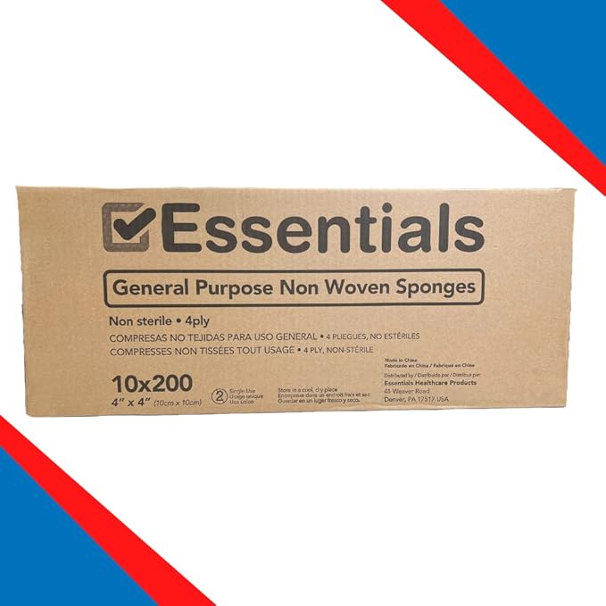 Essentials Non-Sterile Gauze Sponges – One (1) Full Case (10 Packs of 200), 4-Ply, 4’’ x 4’’ Pads, One Package, Non-Woven Sponges, Wound Care Product for First Aid Kit/Medical Facilities
