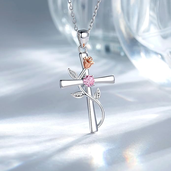 Cross Necklace for Women, 925 Sterling Silver Birthstone Necklace for Women with Rose Flower Birthstone Womens Jewelry Birthday Gifts for Wife Women