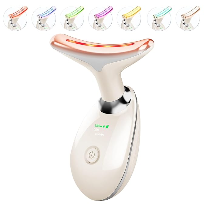 Red Light Therapy for Face and Neck, 7 Color Beauty Face Massager Tool, Vibrating Facial Massager with Thermals for Wrinkles, Double Chin, Glossy White