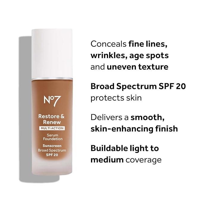 No7 Restore & Renew Multi Action Serum Foundation - Calico - Liquid Foundation Makeup with Vitamin C, Vitamin E & Collagen for Face - Beauty Skin Serum Formula with Medium Coverage (30ml)