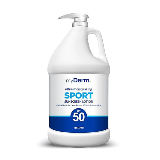 MyDerm Ultra-moisturizing SPF 50 Sport Sunscreen Lotion, Free from Octisalate, Oxybenzone, Octinoxate and Parabens, Hawaii 104 Reef Act Compliant, 128 oz (1 Gallon), Broad Spectrum UVA/UVB Protection