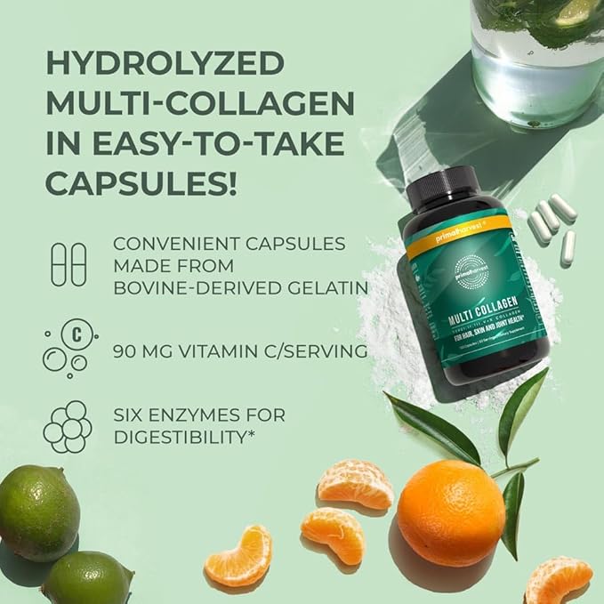 Primal Harvest Multi Collagen Pills for Women and Men (Type I, II, III, V, X) 120 Capsules w/Vitamin C for Hair, Skin, Nails