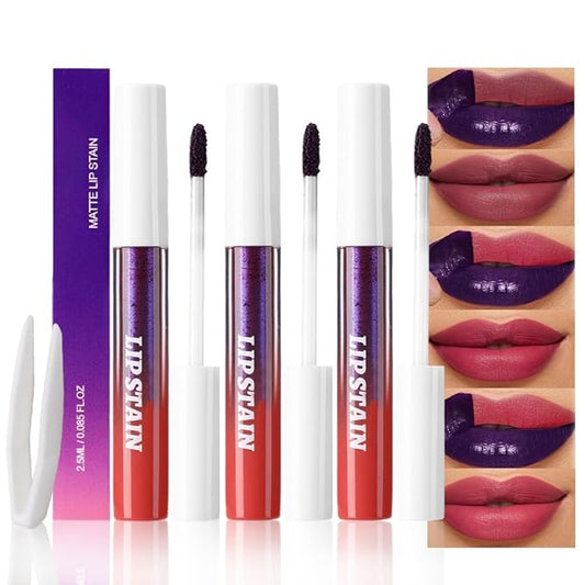 3Pcs Matte Liquid Lip Stain Peel Off Lip liner Tattoo with Tweezer, Maroon Red & Mauve & Red Lipstick Lipstain Long Lasting Waterproof for Women, Highly Pigmented Not Faded Smudge-proof Easy to Apply