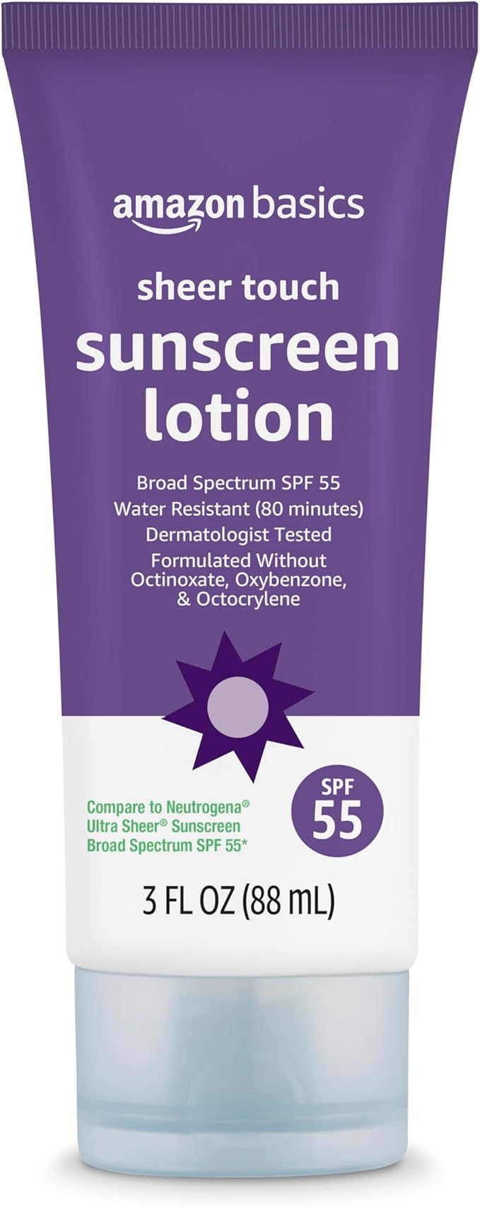 Amazon Basics Sheer Facial Sunscreen SPF 55, UVA/UVB Protection, Lightweight, Water Resistant, Formulated without Octinoxate & Oxybenzone, 3 fl oz (Pack of 1) (Previously Solimo)