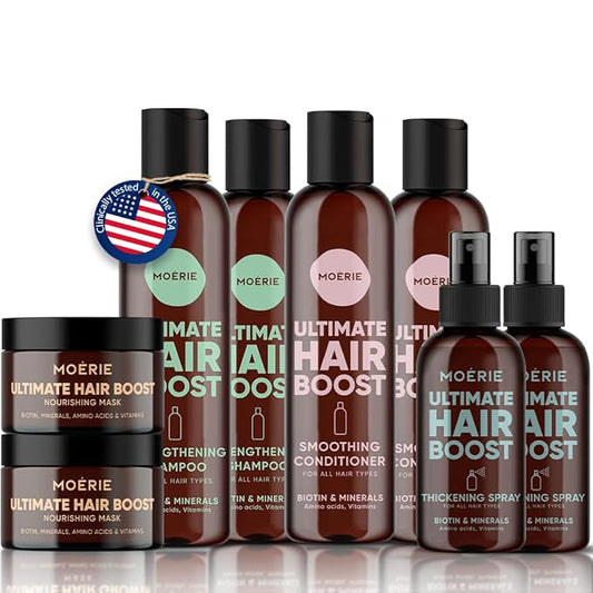 Moerie Shampoo and Conditioner Plus Hair Mask and Hair Spray Mega Pack – The Ultimate Hair Care Set – For Longer, Thicker, Fuller Hair - Volumizing Hair Products – Paraben & Silicone Free - 8 items
