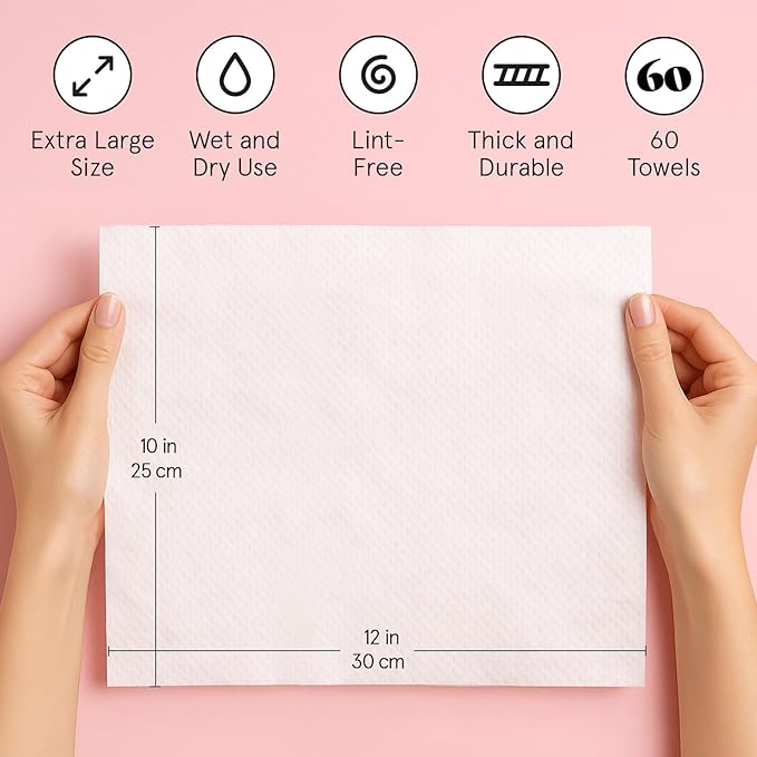 grace & stella Disposable Face Towels - Ultra-Soft & Absorbent Face Wipes - XL Facial Towels for Cleansing & Makeup Removal - Thick Towelettes - Lint-Free Facial Tissue - Vegan, Plant-Based (60 Count)