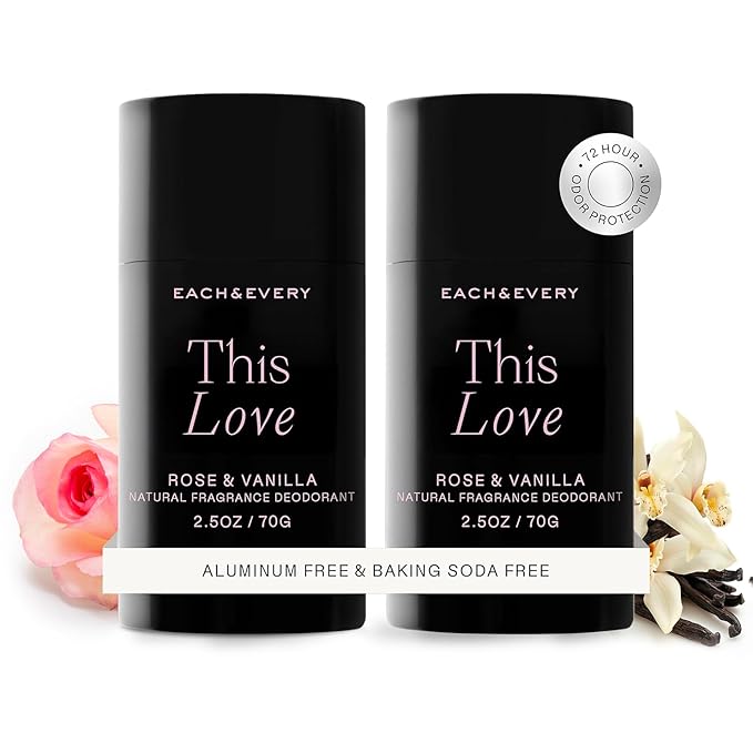 Each & Every Aluminum Free Deodorant for Women & Men, Rose & Vanilla - All Natural Deodorant for Sensitive Skin, EWG Verified - Clean, Baking Soda-Free, Plant-Based Fragrance - 2.5oz, 2 Pack