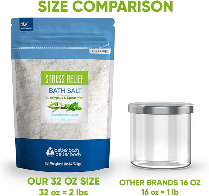 Stress Relief Bath Salt 128 Ounces Epsom Salt with Natural Spearmint and Eucalyptus Essential Oils Plus Vitamin C in BPE Free Pouch with Easy Press-Lock Seal