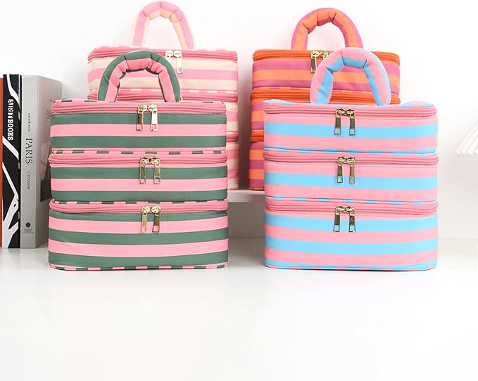 Three Layer Makeup Bag for Women Fashion Stripes Cosmetic Bag Preppy Style Travel Water-Resistant Toiletry Bag for Storage Toiletries Cosmetics Sets for Women Teen Girls Blue