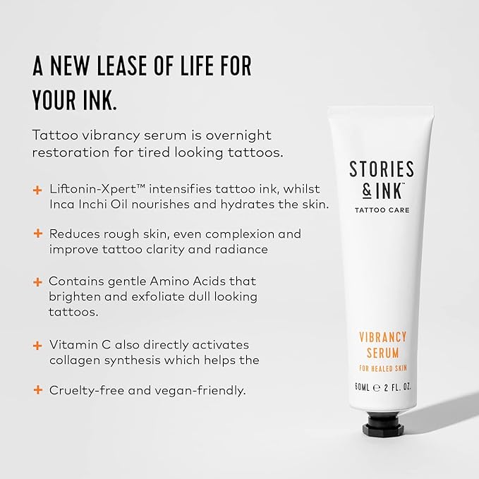 Stories & Ink Tattoo Care | VIBRANCY SERUM for healed skin - Overnight Treatment for Faded Tattoos to Brighten Pigments & Enhance Ink Intensity, 60 mL / 2 Fl Oz