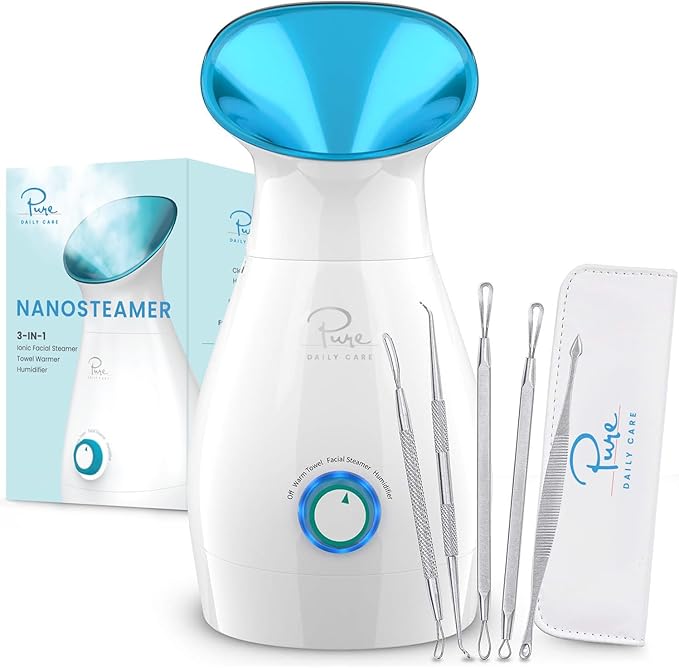 Pure Daily Care NanoSteamer Large 3-in-1 Nano Ionic Facial Steamer with Precise Temp Control - Humidifier - Unclogs Pores - Blackheads - Spa Quality - Bonus 5 Piece Stainless Steel Skin Kit (Teal)