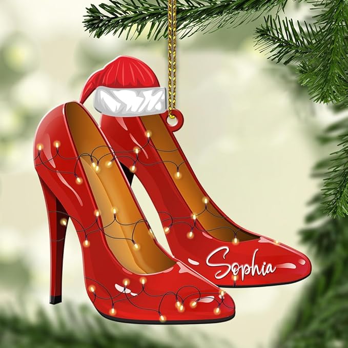 Personalized Name Red Shoes Christmas Shape Flat Ornament, Red High Heel Shoe Xmas Ornament, Shoe Lover Hanging Tree Keepsake, 97
