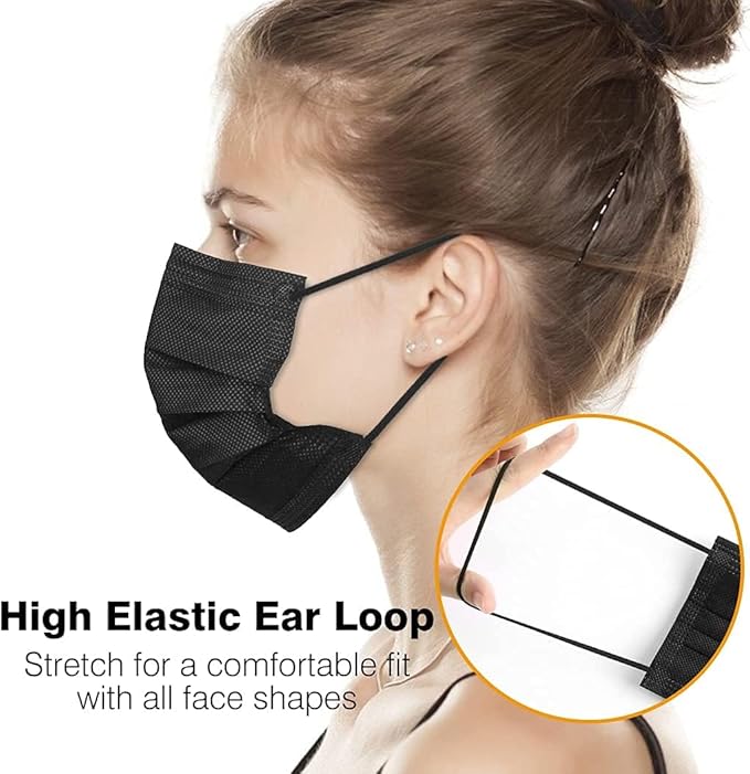 50 Pack Black Disposable Face Mask for Adults, Fashion 3-Ply Breathable Earloop Full Face Protection for Women & Men