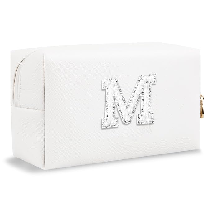 Bride Gifts – Personalized Initial Makeup Bag with Pearl Rhinestone Patch, Preppy White Monogram Cosmetic/Toiletry Pouch, bridesmaid Gifts, Bridal Shower Gifts, Wedding Gifts, Bridal Gifts,M