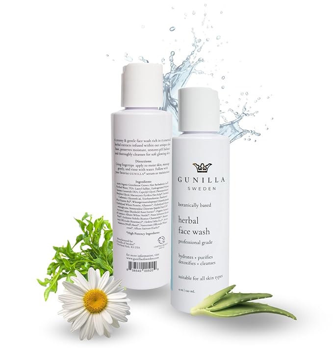 GUNILLA Herbal Face Wash - Very Gentle Daily Cream Cleanser for Dry, Normal, Sensitive Skin. Removes Dirt, Oil & Impurities. Plant-Based. Vegan. Natural. Concentrated 4.0 oz