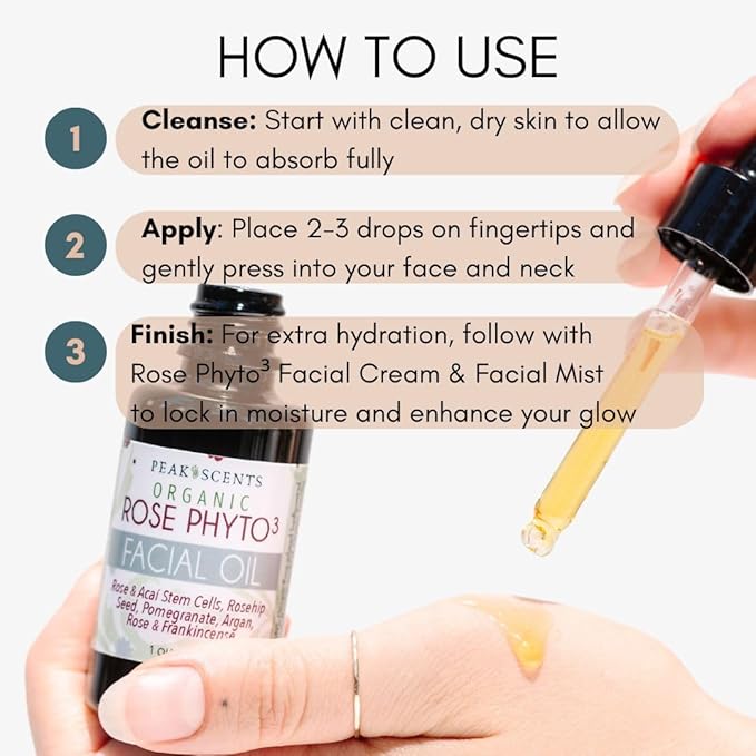 Peak Scents Organic Rose Phyto Facial Oil - Rosehip and Argan Oil Infused with Rose Extract and Frankincense Essential Oil - Ideal for Gua Sha Massage, Anti-Aging Face Oil (1oz)