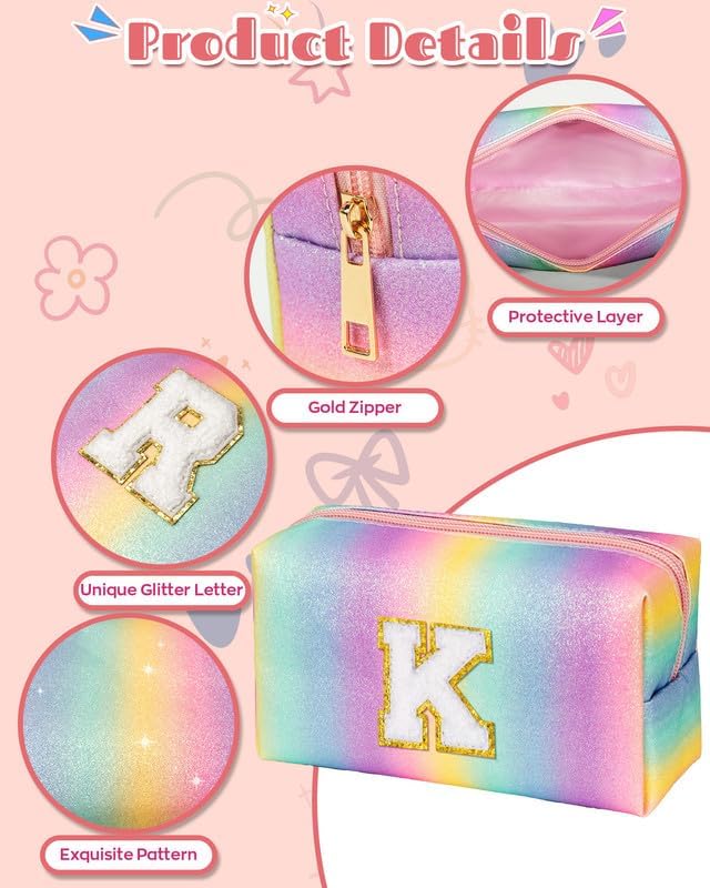 Gifts for Girls, Personalized Makeup Skincare Bag with Zipper, Rainbow Color Chenille Letter Pouch, Girly Toiletry Bag, Cute Trendy Stuff for Granddaughter Daughter Niece (Medium)
