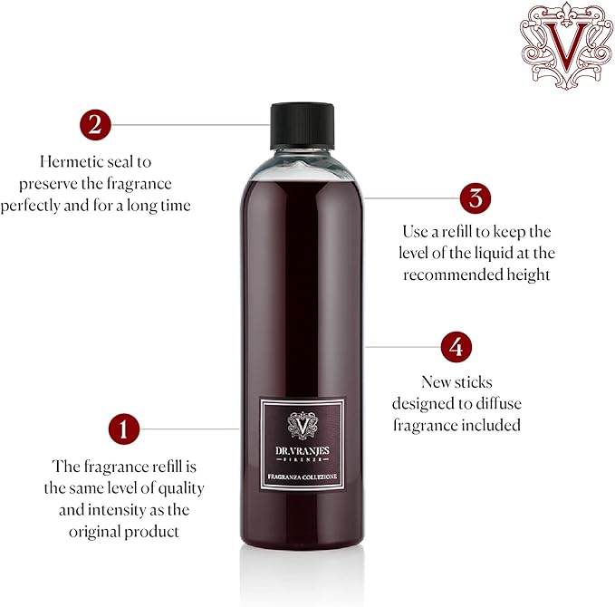 Dr. Vranjes - Rosso Nobile 500 ml Refill + Double Pack of Black Sticks (3 Pieces Bundle) - Luxury Home Fragrance, Made in Italy, Main Scent Fruity: Orange, Strawberry and Red Berries, Birch