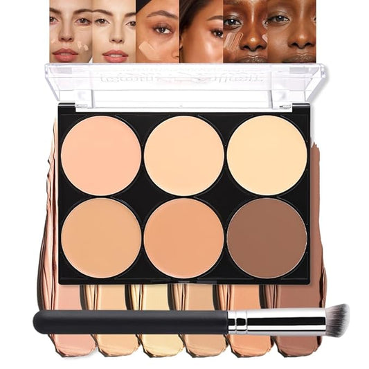 evpct 6 Colors Concealers Full Coverage Cream Contour Palette with Brush for Older Women, Under Eye Color Corrector Tri Color Pot Concealer Palette for Dark Circles Mature Skin Makeup, Waterproof, B2