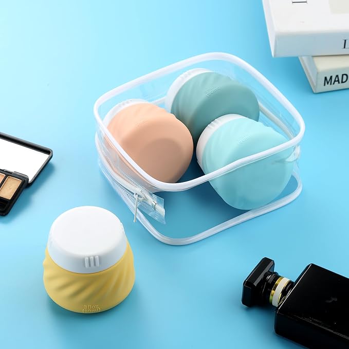 Gemice Silicone Cream Jars, TSA Approved Containers for Toiletries With Toiletry Bag, Wide Mouth Leak-proof Accessories With Lid for Cosmetic Cream (4 Pack)