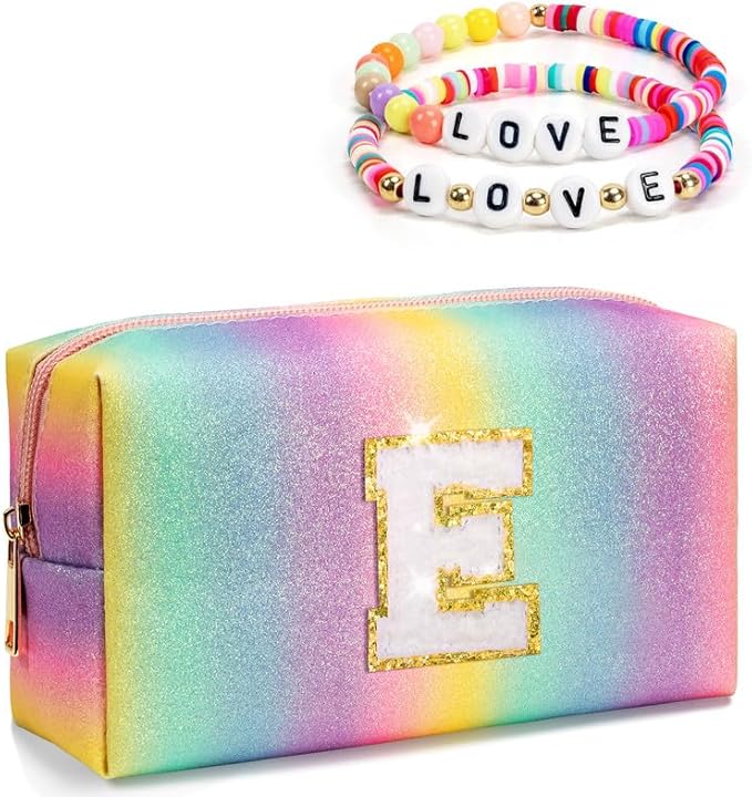 Kindergarten Graduation Gifts for 4 5 6 7 8 9 10 11 12 Year Old Girls, Initial Makeup Toiletry Bag with Friendship Bracelets for Kids, Birthday Gifts, Spa Stuff, Letter Zipper Pouch (Large)