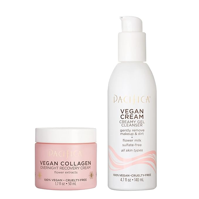 Pacifica Vegan Collagen Cleanser + Overnight Cream Set of 2 – Creamy Gel Face Wash & Rich Night Lotion Recovery Cream Gently Cleanses Deeply Hydrates & Renews, Anti-Aging No Sulfates or Parabens Clean