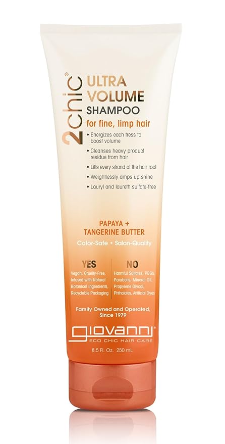 GIOVANNI 2chic Ultra-Volume Shampoo - Daily Volumizing Formula with Papaya & Tangerine Butter, Promotes Weightless Control for Fine Limp Thin Hair, No Parabens, Color Safe - 8.5 fl oz